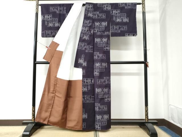 平和屋着物○越後古典紬 短冊エジプト壁画文様 反端付き 正絹 逸品 未