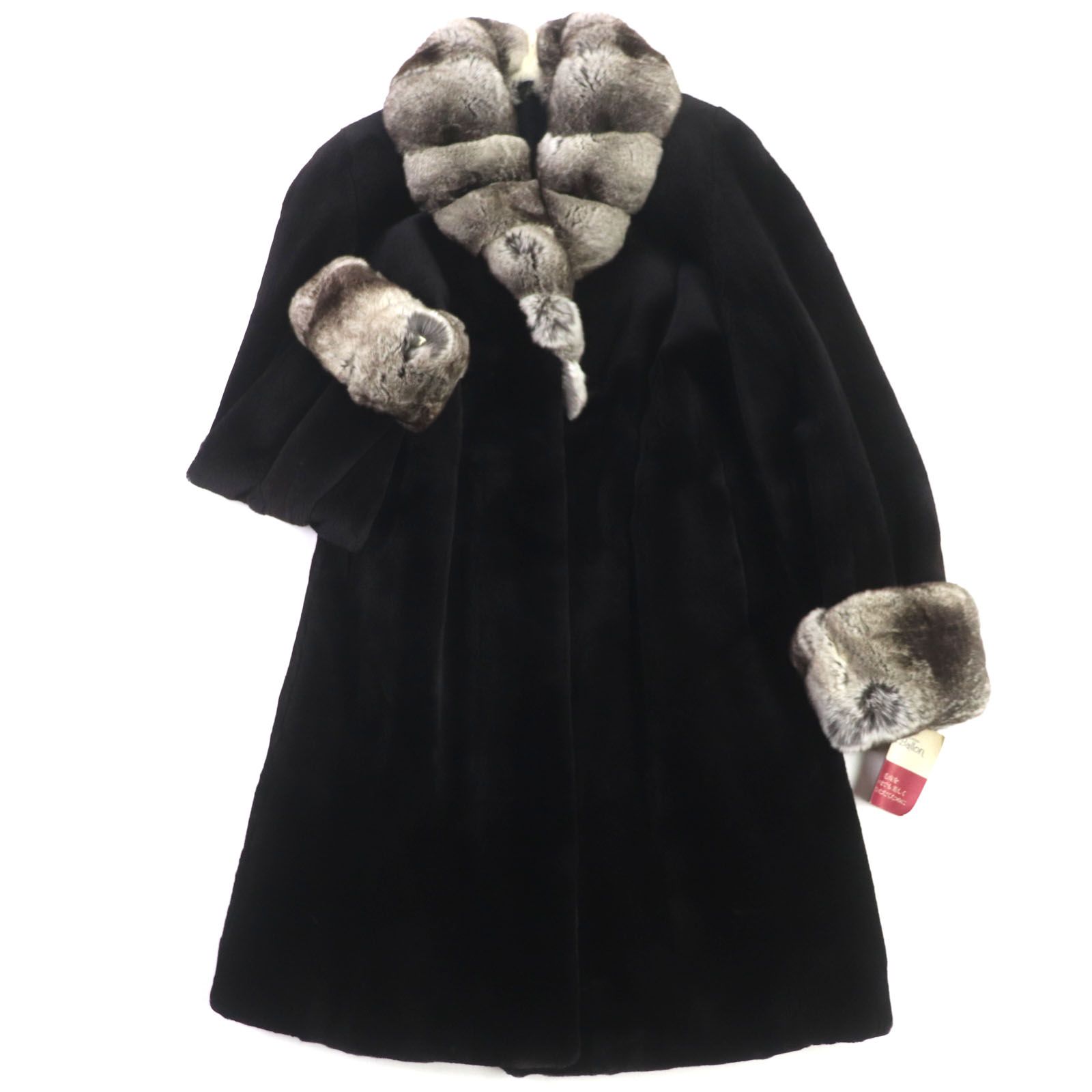 未使用品▽チンチラ シェアードミンク MINK 本毛皮セミロングコート 