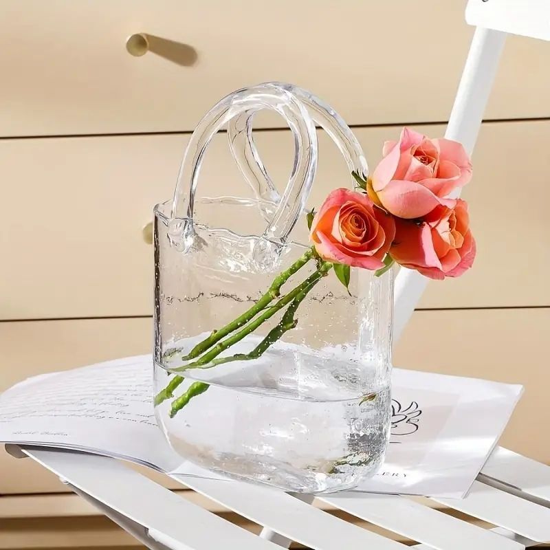 フラワーベース 花瓶 カバン 鞄 bag ガラス 硝子 ガラス フラワーベース バッグ型 花器 透明 気泡入り 手作り