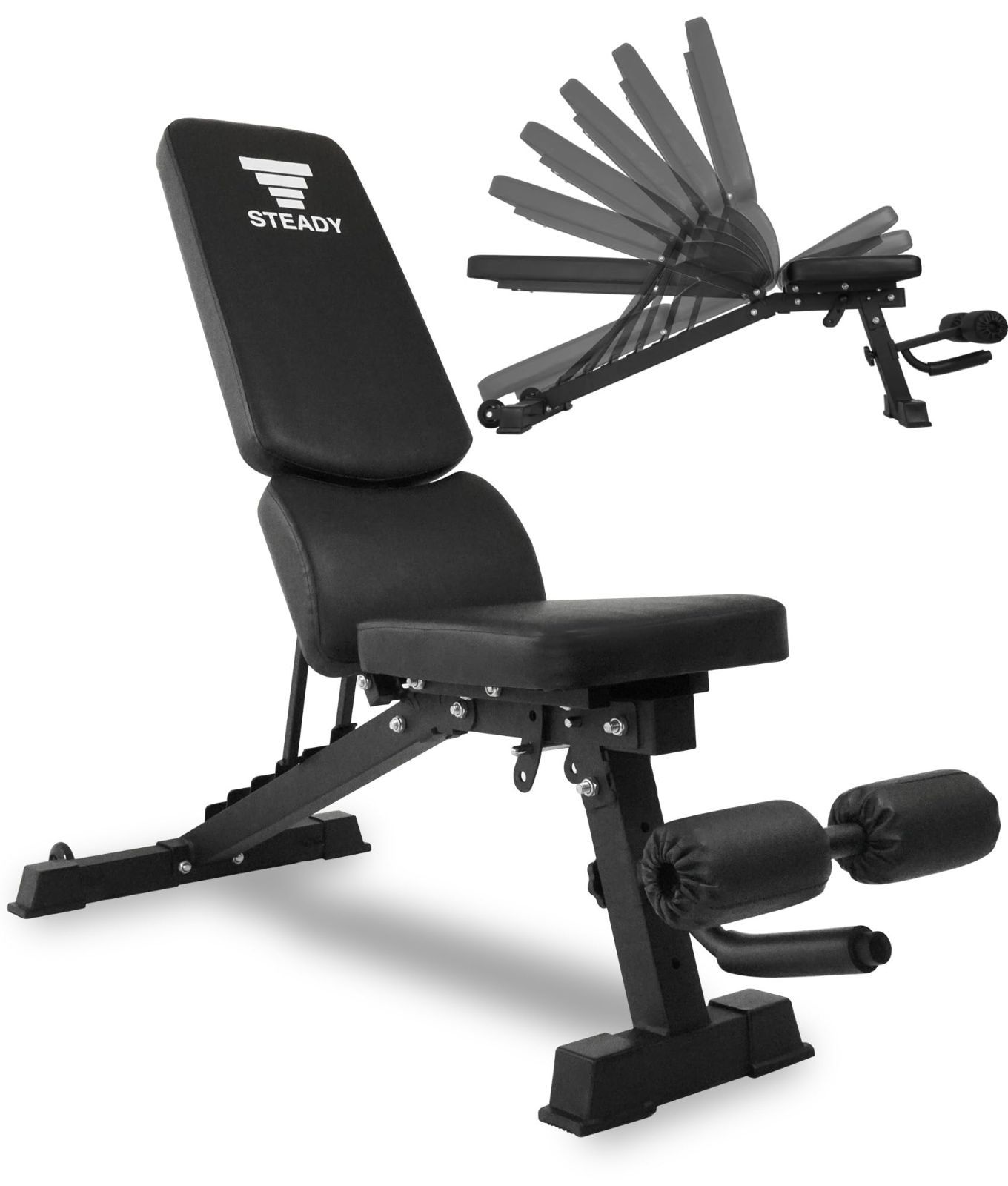 STEADY トレーニングベンチ耐荷重330kg/背面×座面の角度調整/折畳み可/独自構造の腰保護パッドベンチ 腹筋 背筋 インクラインベンチ 筋トレ 足固定 ダンベル ベンチプレス ローマンチェア ST123