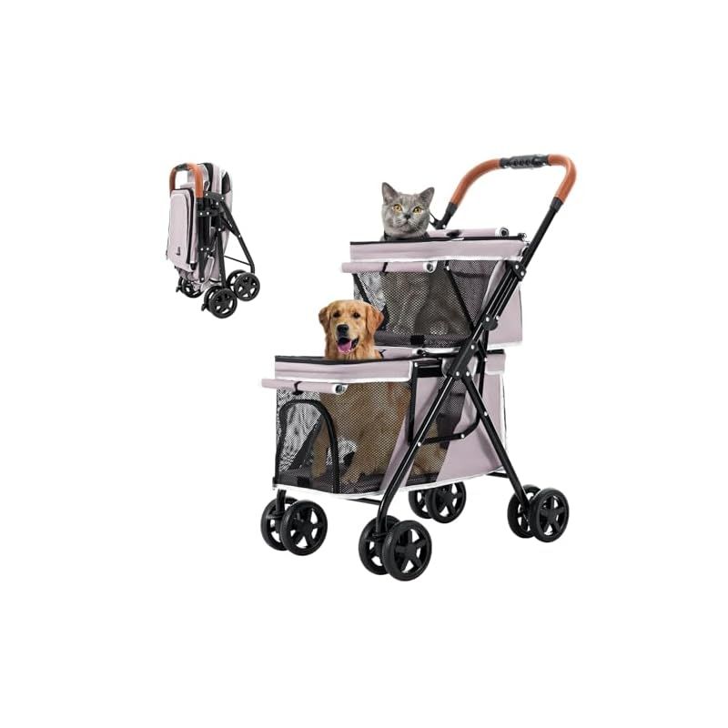 LPOTIUS ペットカート 多頭 上下2段式 ペットバギー ワンタッチ 折りたたみ 犬用ベビーカー コンパクト 収納便利 4輪 前輪360°回転 後輪ブレーキ付き 軽量 犬用カート 小型犬 中型犬 犬猫兼用 耐荷重20KG 上段8KG 下段12KG 多頭 1