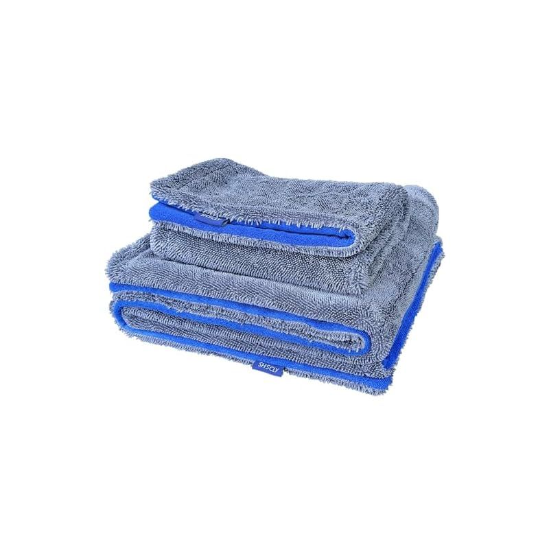 【新品】 SHSCLY マイクロファイバー洗車タオル デュアル素材 2WAY 超吸水 クリーニング 拭き上げ専用 ドライヤー クロス (86x68cm/40x40cm 各1枚) (グレー＆ブルー) 1