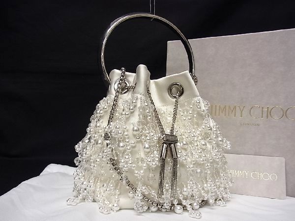 □美品□ JIMMY CHOO ジミーチュウ ビーズボンボン サテン チェーン