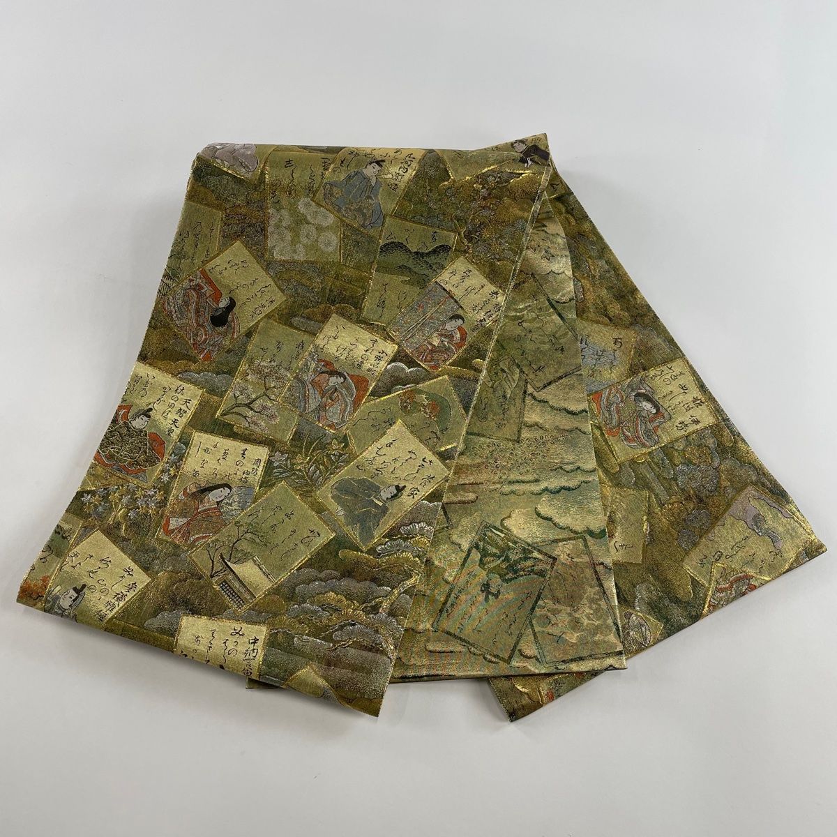 袋帯 美品 名品 光琳かるた 百人一首 箔 金色 全通 正絹 【中古