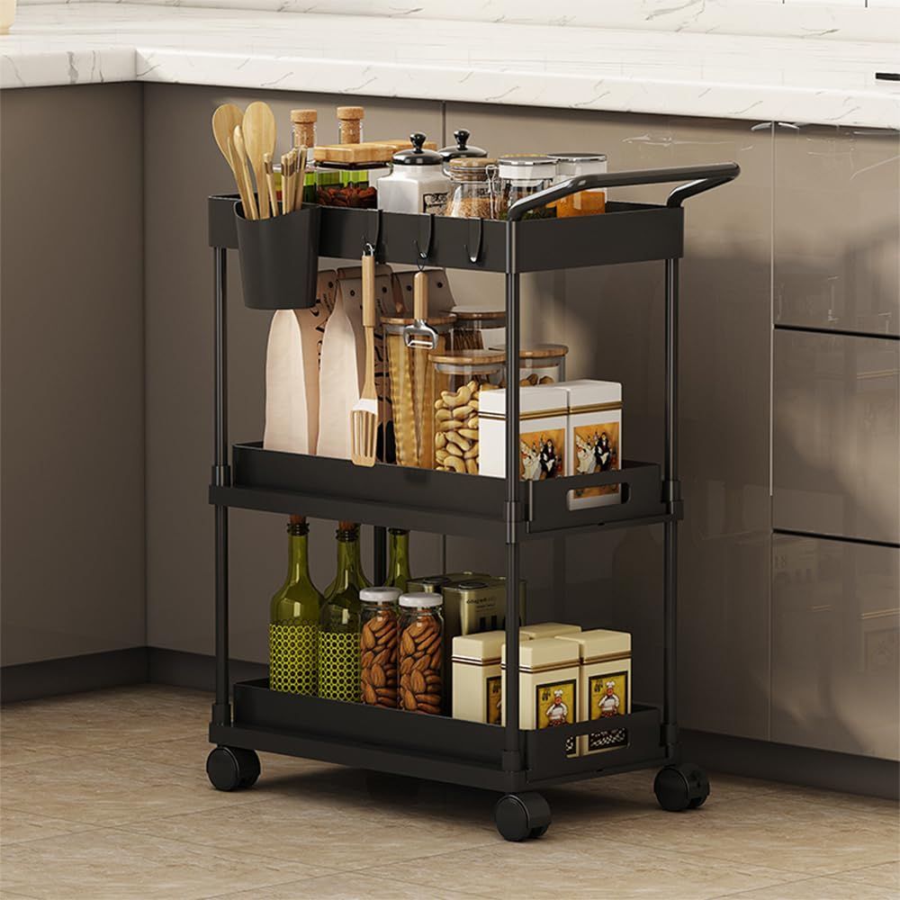 【数量限定】TINMAKU キッチンワゴン スライド式 キッチン ワゴン 隙間収納 22cm スリム キャスター付き 取っ手付き 引き出し式 多機能 収納ワゴン 収納カート 調味料ラック 台所収納 (ブラック 取手付3段スライド式)