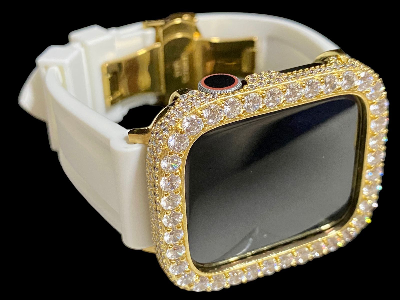  超 大粒ゴールド ホワイト AppleWatchキラキラケース カバー アップルウォッチ ラバーバンド ベルト 38 mm 40 41 42 44 45 ラバーベルト 時計
