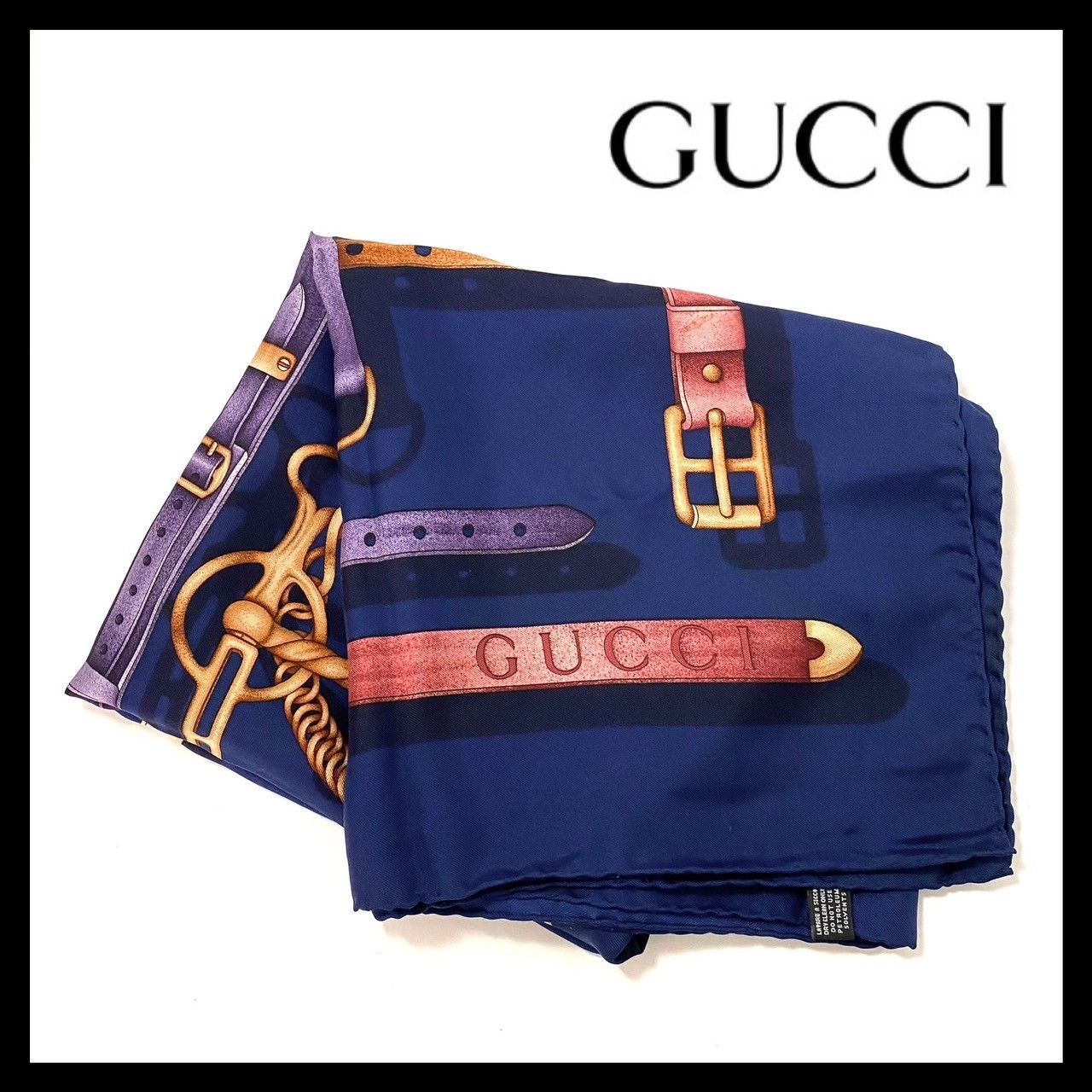 【楽天最安値に挑戦】 GUCCI】スカーフ SILK/シルク 100% ネイビー ゴールド ホース 小物