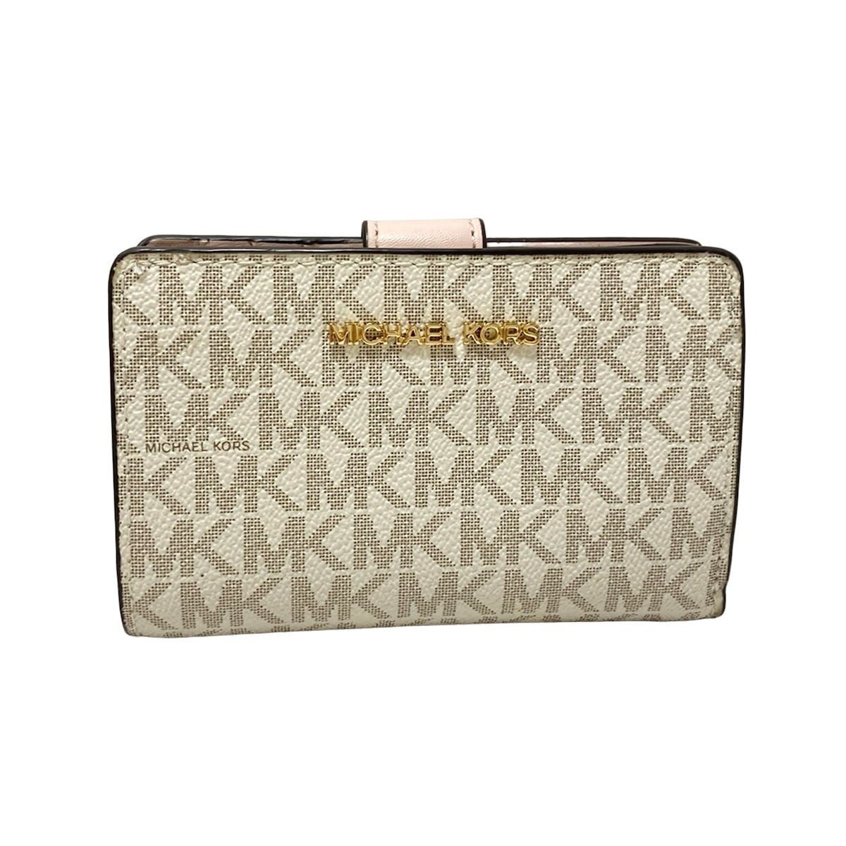 マイケルコース 2つ折り財布 ビルフォールド ジップ コインウォレット 35F8GTVF2B 白×ベージュ×ライトピンク L字ファスナー レザー