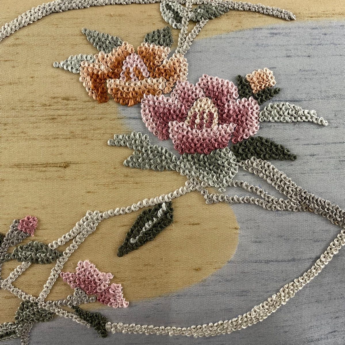 中古》正絹 相良刺繍 名古屋帯 美品（名古屋帯 美品 秀品 紬地 鳥 葉 