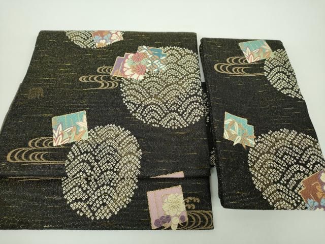 平和屋着物●つけ帯 唐織 青海波 源氏香花文 黒地 金糸 正絹 DAAY1031ps