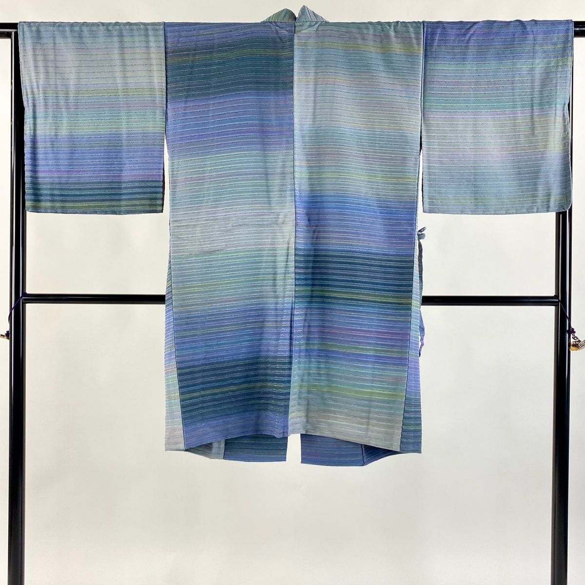 道中着 身丈109cm 裄丈66cm M 和装コート 横縞 ぼかし 青紫 正絹