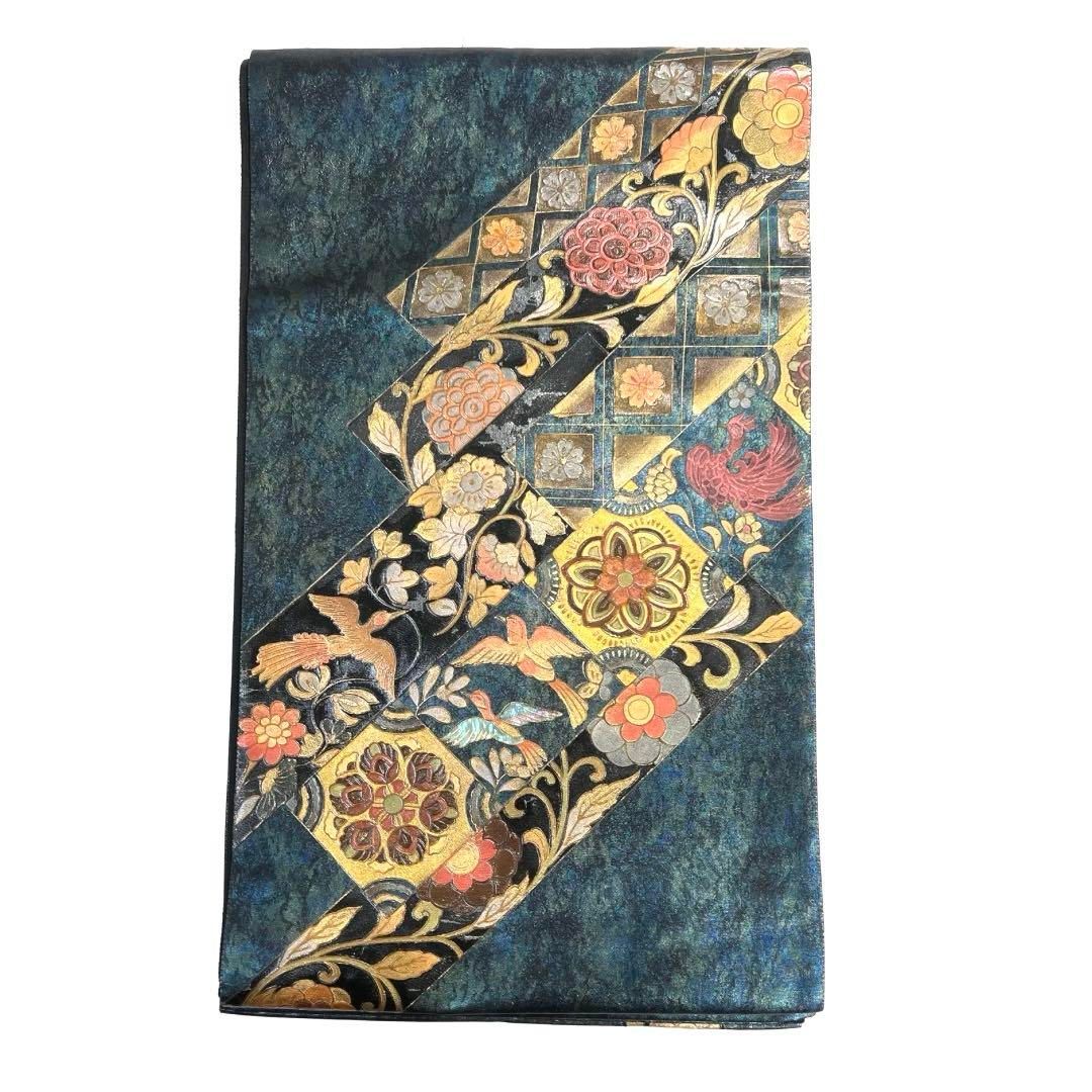 袋帯 螺鈿細工 短冊 華紋 鳳凰 菊 桜 グラデーション 着物 042a