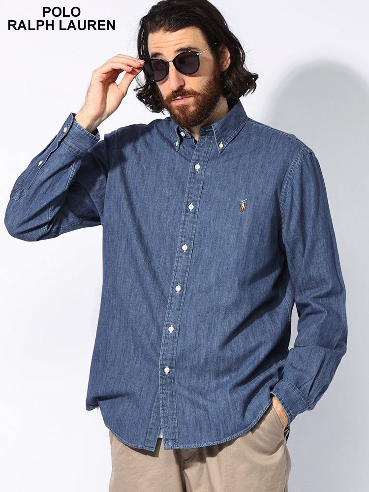 POLO RALPH LAUREN (ポロラルフローレン) ロゴ刺繍 ボタンダウン デニムシャンブレーシャツ CLASSICFIT RL710548537 メンズ (ブルー)