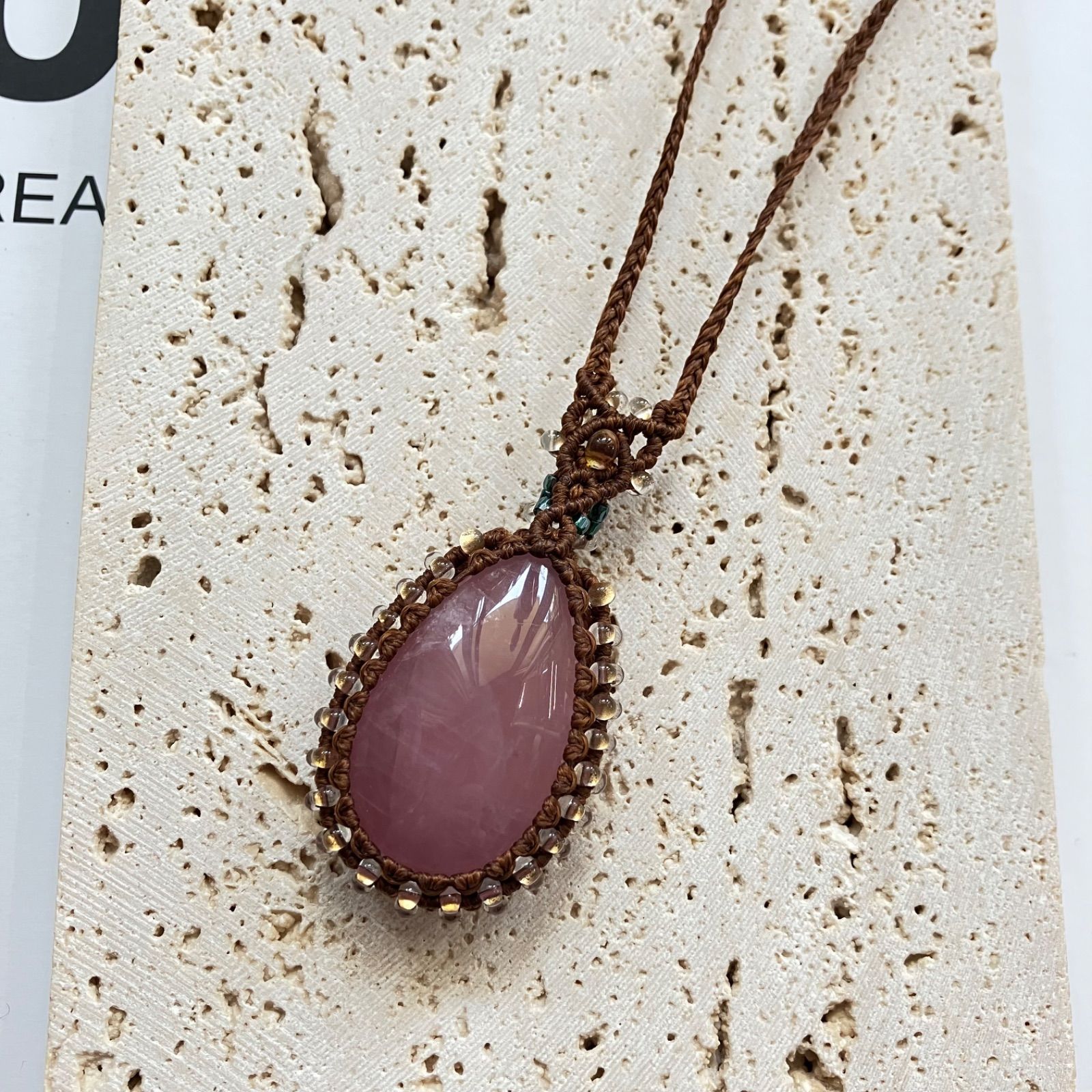 ディープローズクォーツマクラメ編みネックレス ペンダント 桃璃