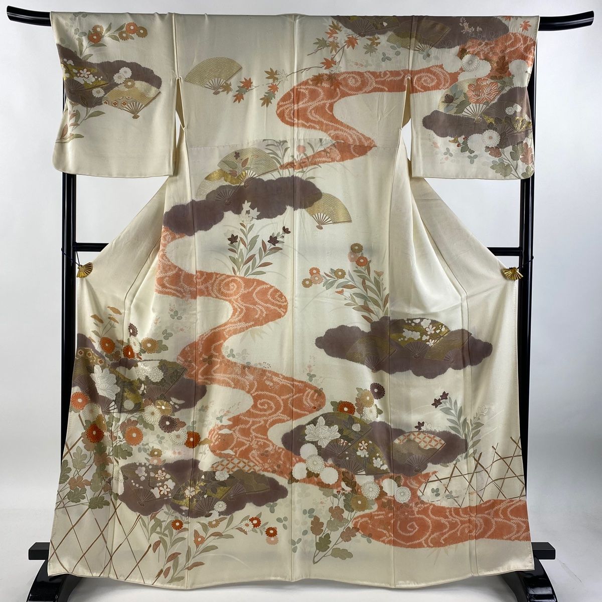 訪問着 身丈165.5cm 裄丈68cm L 袷 扇 菊 刺繍 金彩 クリーム 正絹 秀品