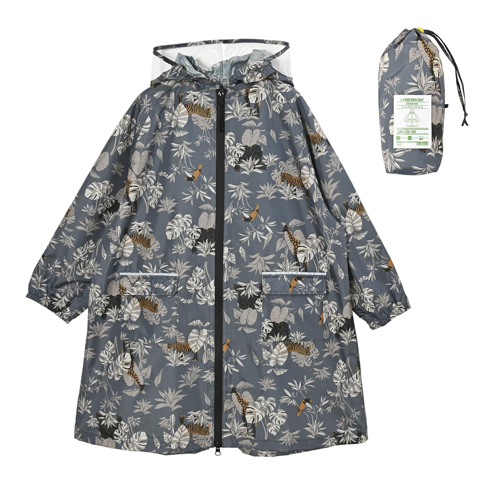 [キウ] キッズレインコート KIDS RAIN COAT 防水 撥水 はっ水 耐水 雨対策 台風 梅雨 レインポンチョ 子供 子ども カッパ 雨具 雨ガッパ 雨合羽 袖付き 収納袋 ポケット 通園 通学 幼稚園  [サファ
