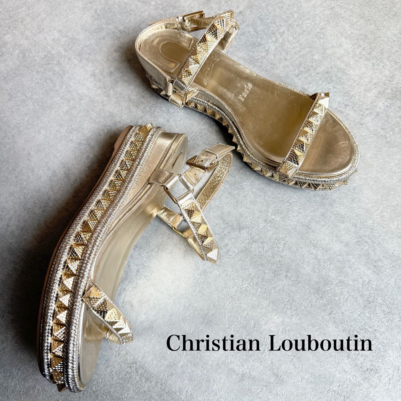 ルブタン Christian Louboutin カタクロウ ウェッジソール サンダル スタッズ ストラップサンダル ゴールド シルバー 37 24cm