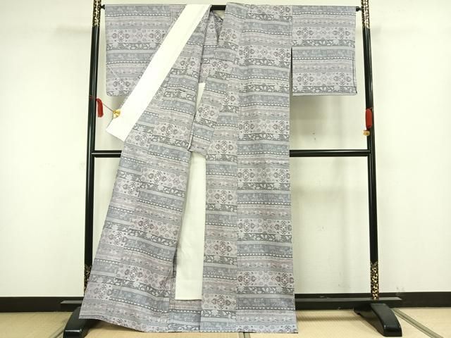 平和屋着物▽平本生紬 小千谷紬 単衣 横段文 証紙付き 正絹 逸品