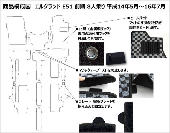 ［残り1個］半額SALE フロアマット 日産 エルグランド E51 前期 8人乗 H14.05-16.07【当日発送 全国一律送料無料】【チェック柄 グレー】