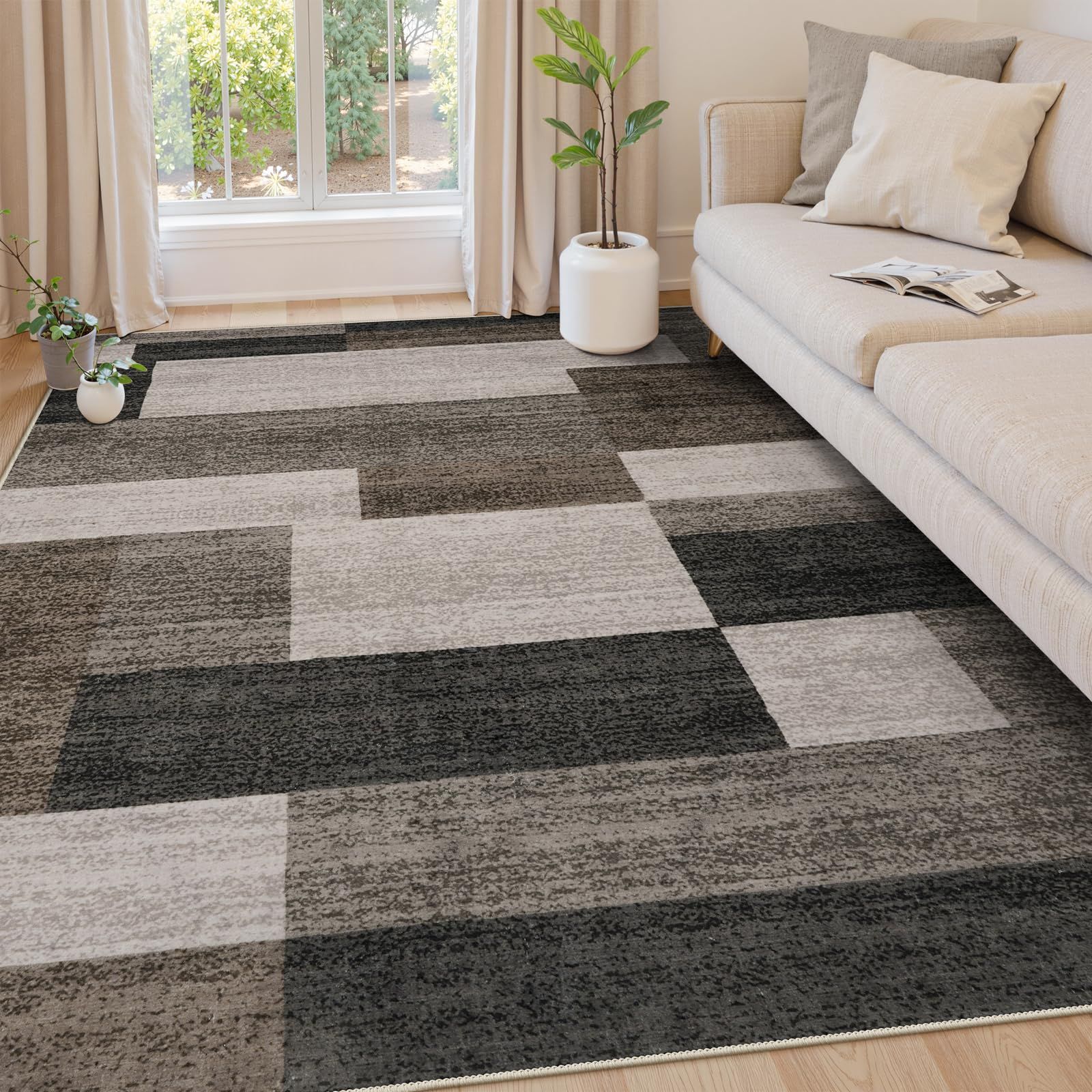 HAOCOO カーペット 洗える 200X250cm ラグ 春夏用 3畳 北欧風 モダン ふわふわ 滑り止め 防音 抗菌防臭 室内用 長方形 ラグマット オールシーズン適用 モザイク マッチング ブラウン