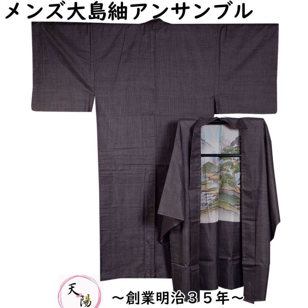 男着物 未使用品 大島紬 アンサンブル 着物・羽織 セット 亀甲模様 S 