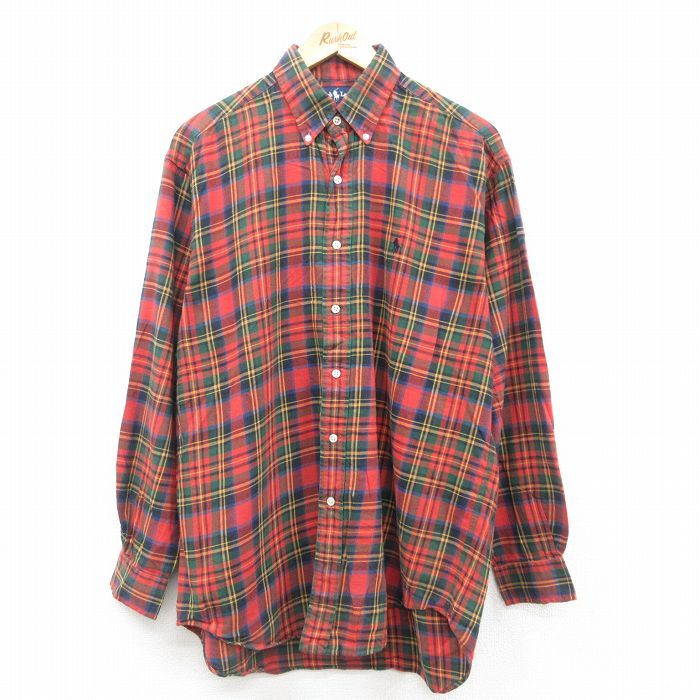 XL/古着 ラルフローレン 長袖 ブランド シャツ メンズ 90s ワンポイントロゴ BLAKE 大きいサイズ コットン ボタンダウン 赤他 レッド ター