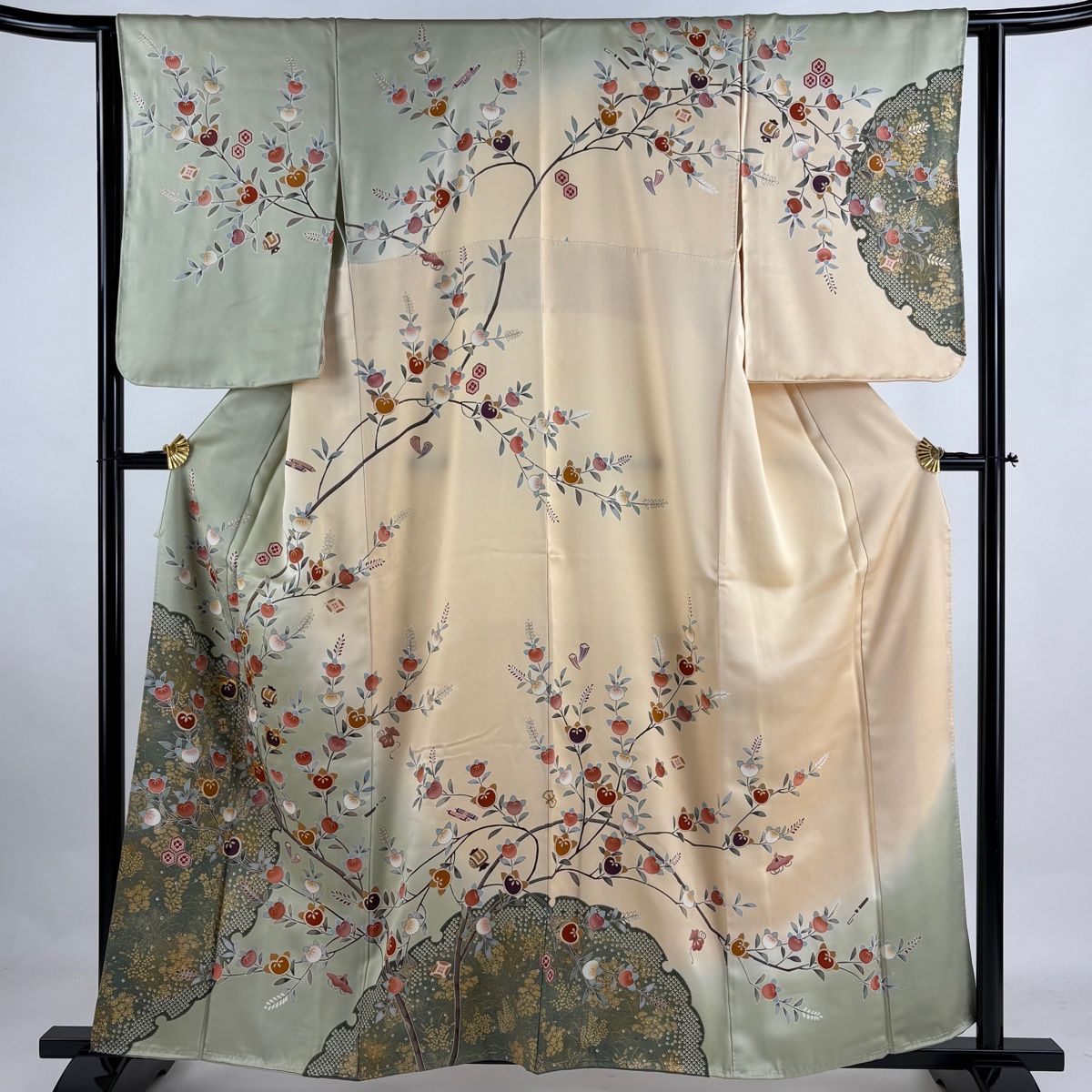 訪問着 身丈159cm 裄丈64cm M 袷 橘 宝尽くし 金糸 金彩 薄緑 正絹 秀  