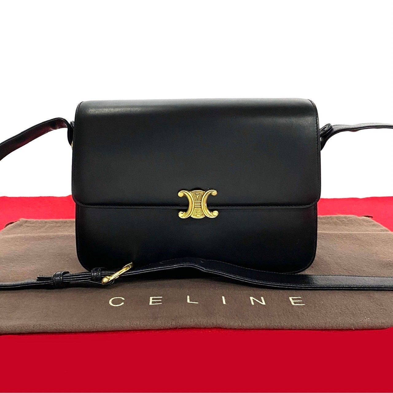 極 美品 CELINE セリーヌ ヴィンテージ トリオンフ ロゴ 金具 カーフ レザー 本革 ショルダーバッグ ポシェット ブラック 黒 55710  - メルカリ