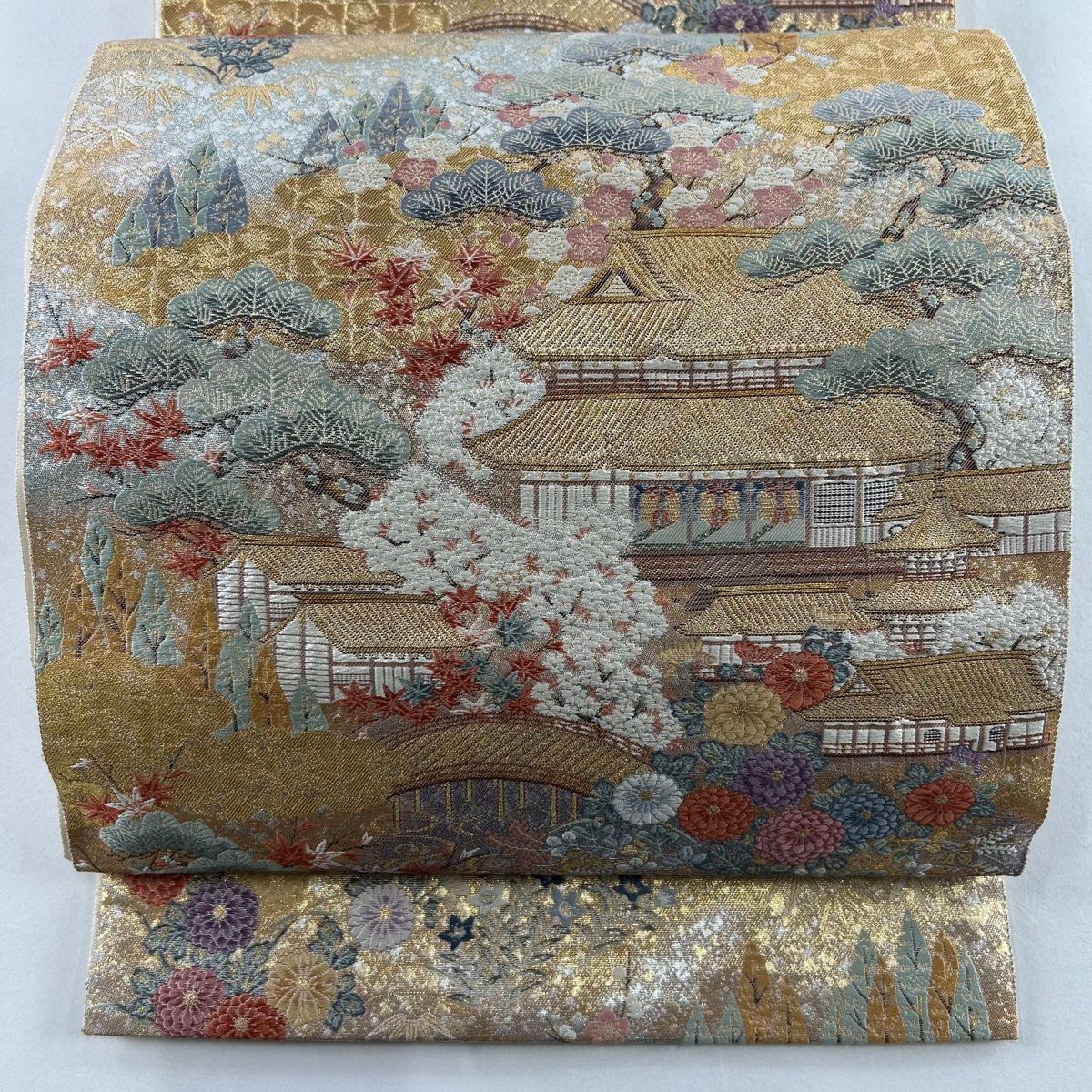 袋帯 美品 秀品 松梅 建物 金銀糸 箔 金色 六通 正絹 【中古