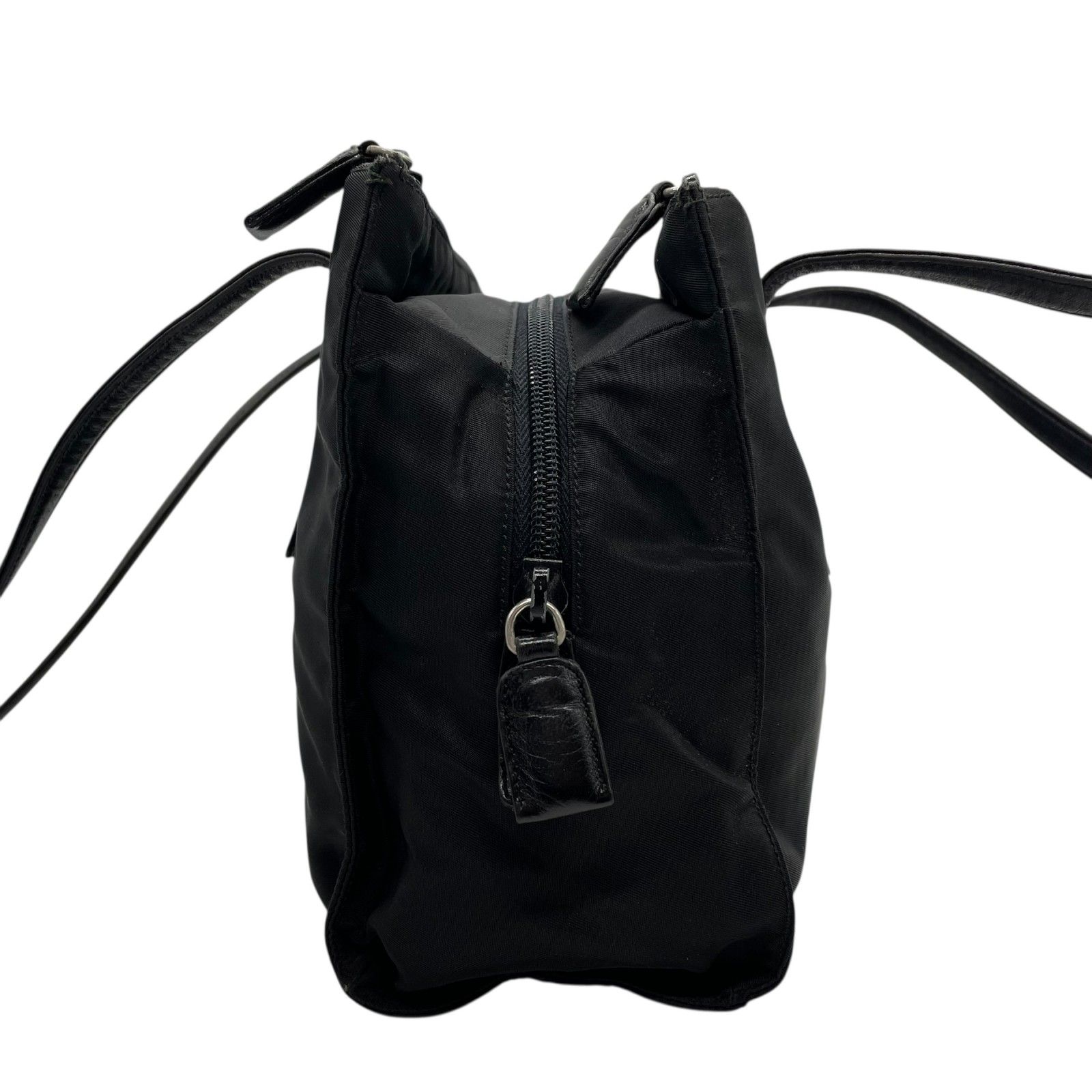 美品 PRADA トートバッグ 三角ロゴ 肩がけ ナイロン レザー ブラック 希少】PRADA トートバッグ 三角ロゴ ブラック A4◎ レザー ナイロン
