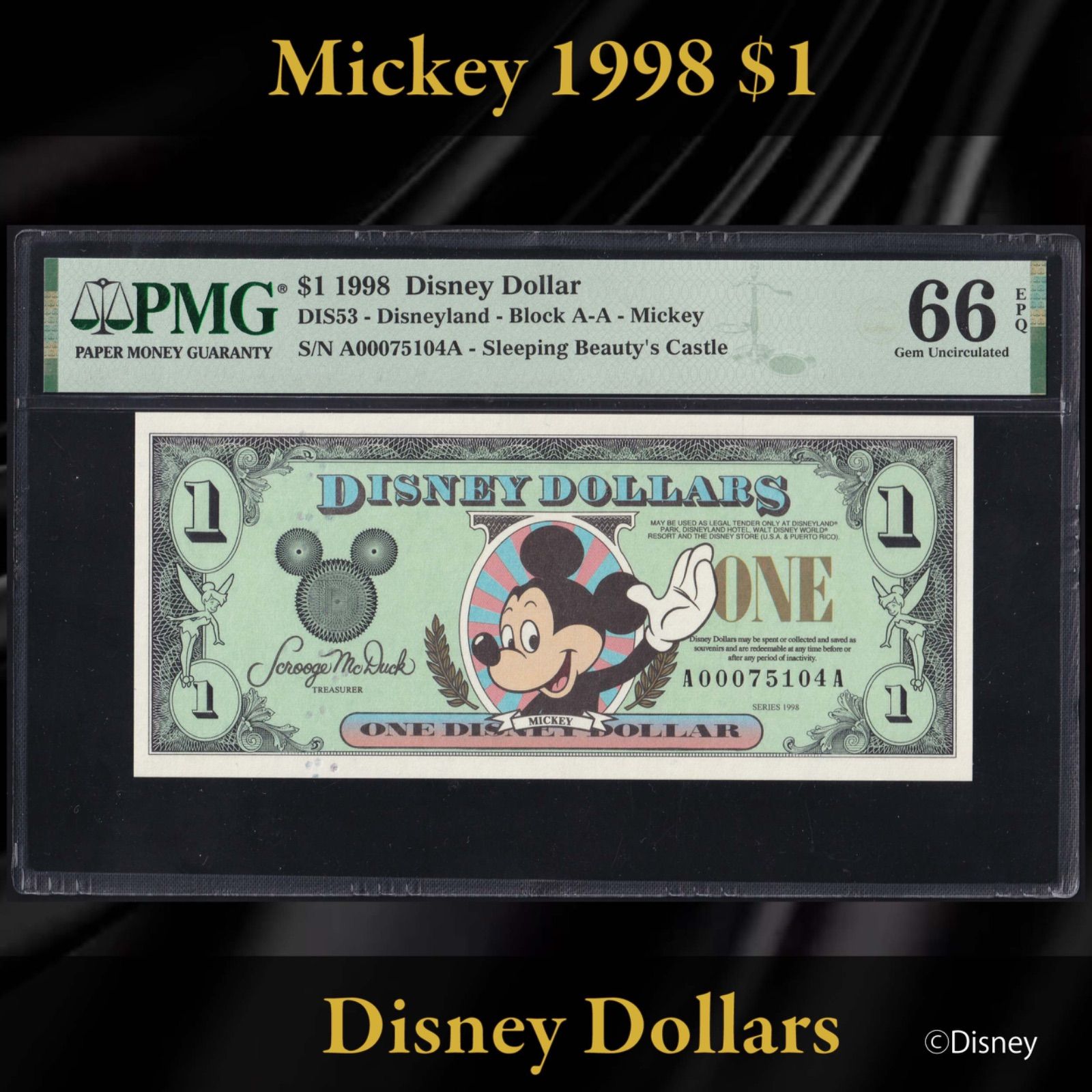 未使用ディズニーダラー　22枚＋1枚 ディズニーダラー 1998年 1ドル ミッキー シリーズA PMG66