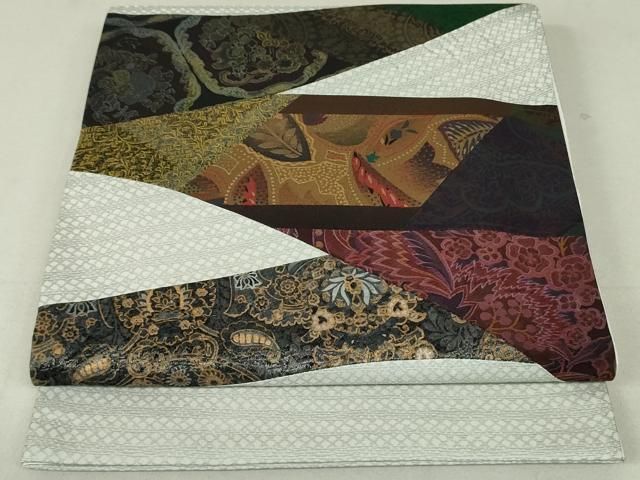 平和屋着物●太鼓柄袋帯　切嵌更紗花横段文　銀糸　正絹　逸品　DAAT7656ob 平和屋着物○太鼓柄袋帯 切嵌更紗花横段文 銀糸 正絹 逸品 DAAT7656ob