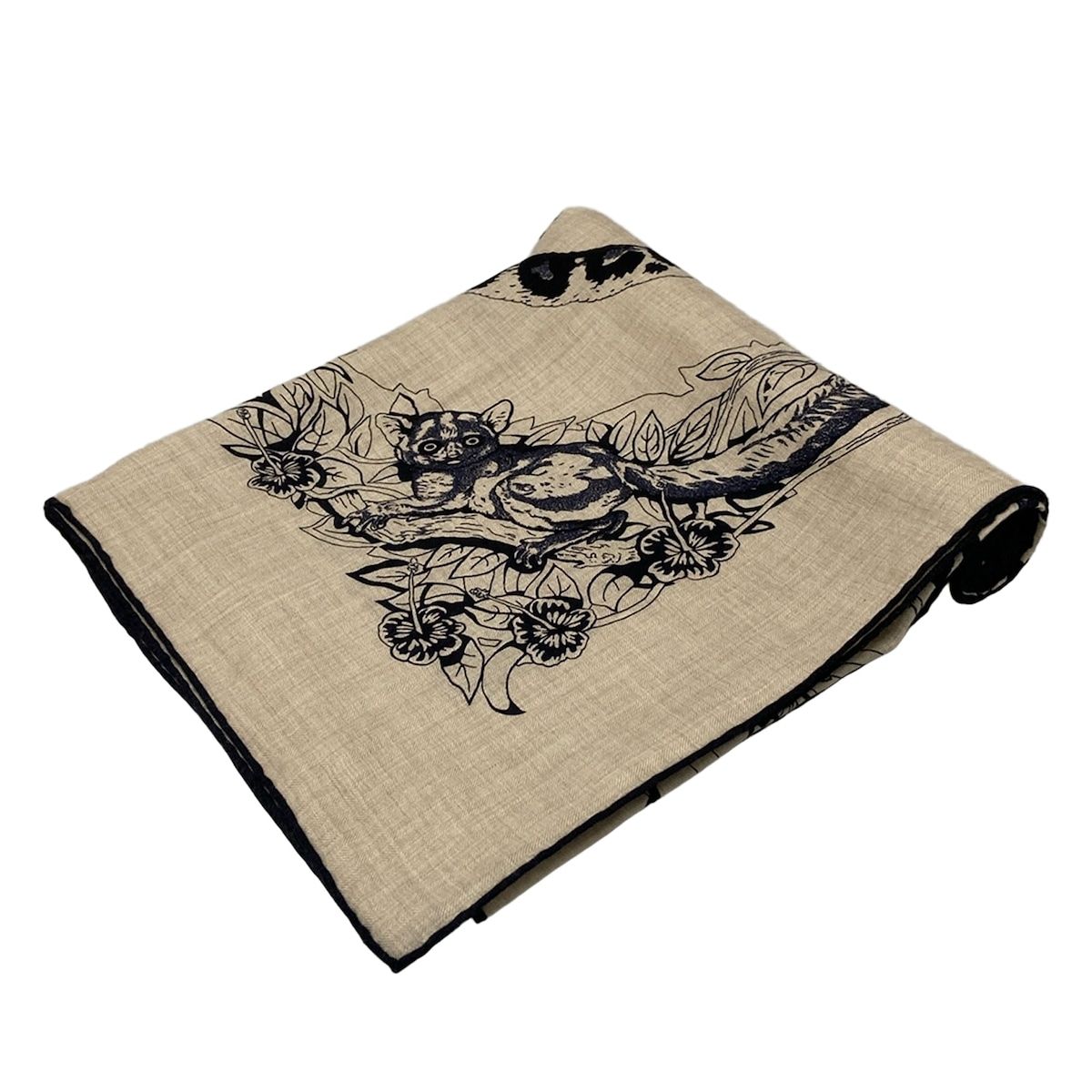 HERMES エルメス ストール ショール カレ140 ベージュ×ネイビー×黒 JUNGLE LOVE カシミヤ シルク