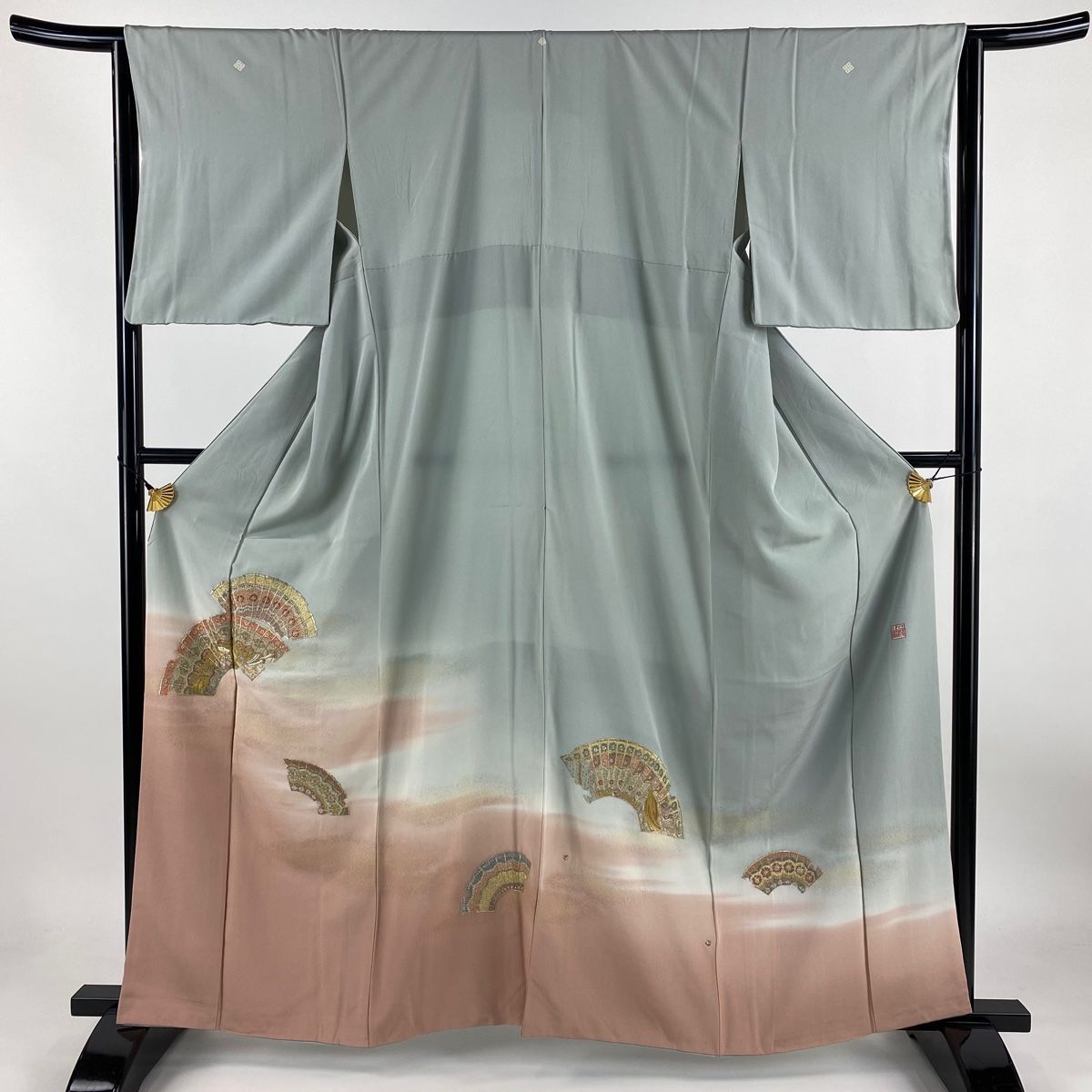 色留袖 身丈162cm 裄丈64cm M 袷 落款 扇面 姫 金銀糸 刺繍 灰緑