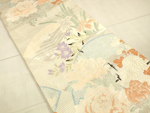 平和屋着物 夏物 アンティーク 大正ロマン 丸帯 引き抜き帯 唐織 風景鹿の子草花文 銀糸 正絹 DAAX0507cm