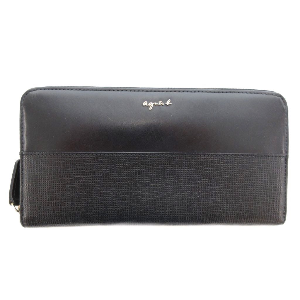 美品 agnes b. アニエスベー L字ファスナー レザー デカロゴ 財布 黒 アニエスベー agnes b. 長財布 ラウンドファスナー ロゴ 黒