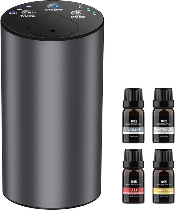 【在庫処分】Amison 車用 ディフューザー 芳香剤 精油10mL X4本付 水なし自動噴霧式 アロマ ネブライザー 2400mAhバッテリ内蔵 充電式 静音 アロマディフューザー ミスト量調整 タイマー機能 ヨガ室・部屋・車載・店舗などに適用 (グ