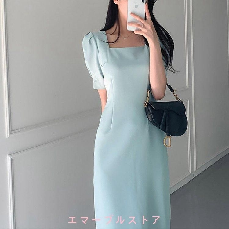 Leja スクエアネックドレス　ブルー 水色 Leja スクエアネックドレス ブルー 水色