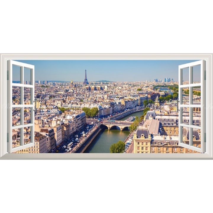 【パノラマ窓仕様】パリのパノラマ風景 セーヌ河岸 エッフェル塔 壁紙ポスター 絵画風 壁紙ポスター (はがせるシール式) パリの景色 都市景観 セーヌ