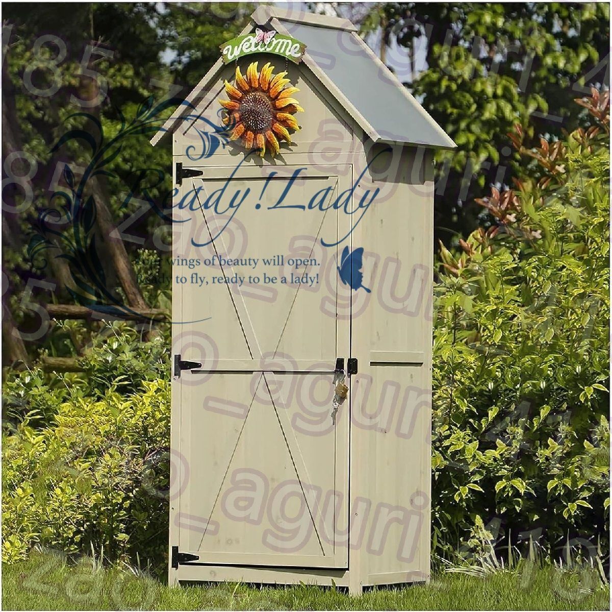 木製物置小屋 傾斜亜鉛めっき板屋根付き屋外ロッカー 施錠 なガーデン棚 庭芝生の屋外工具棚 78x54.5x178cm