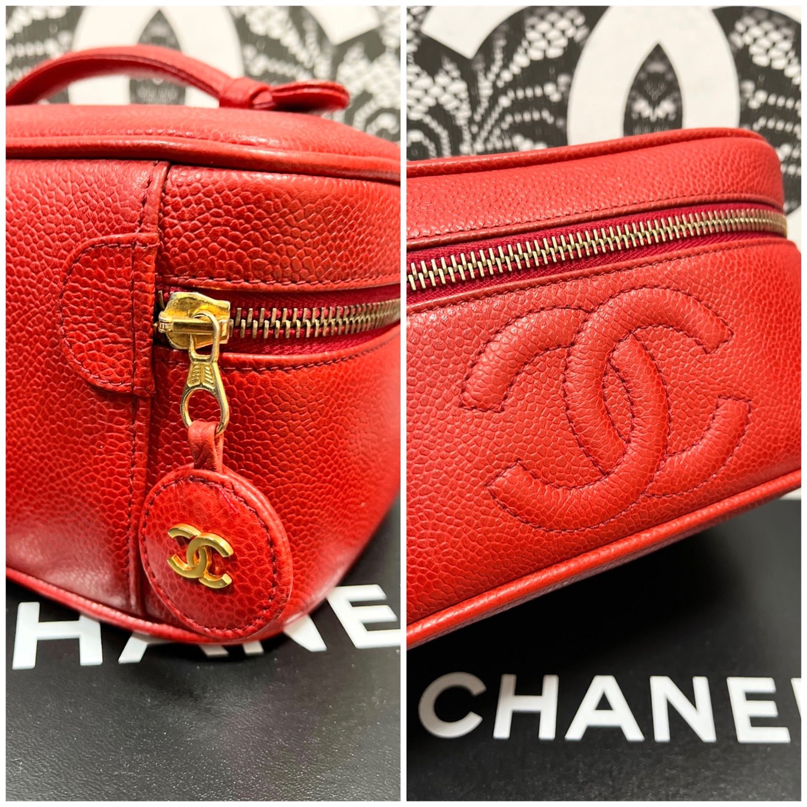 シャネルCHANEL バニティキャビアスキンデカココレッド