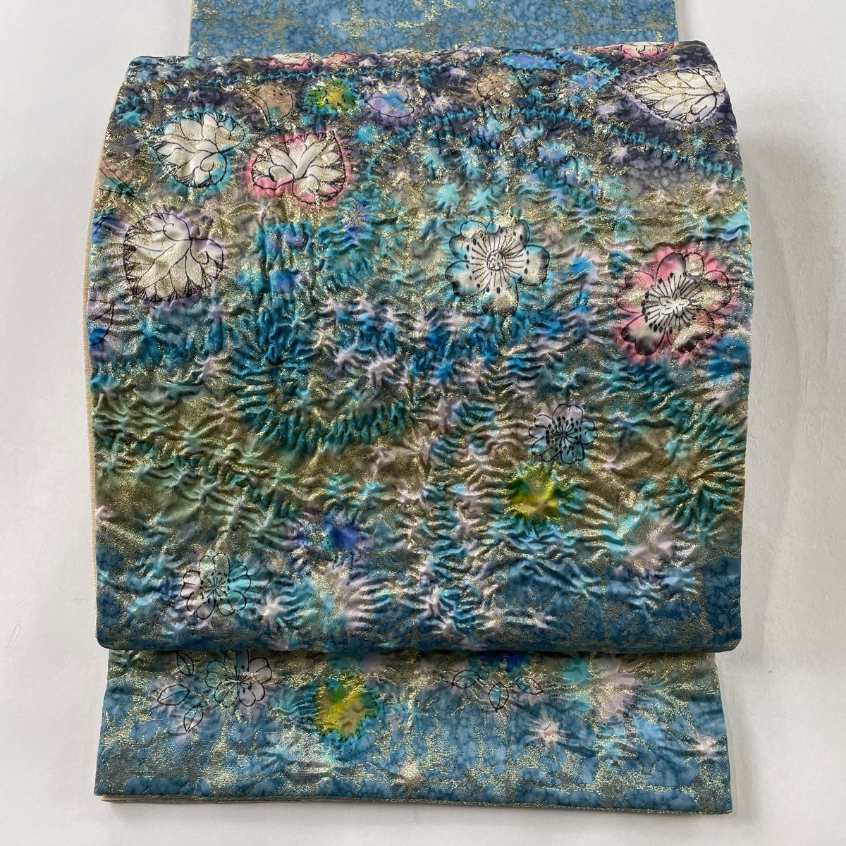 袋帯 美品 名品 桜 葵 絞り 箔 藍色 お太鼓柄 正絹 【中古 袋帯 美品 名品 桜 葵 絞り 箔 藍色 お太鼓柄 正絹 【中古