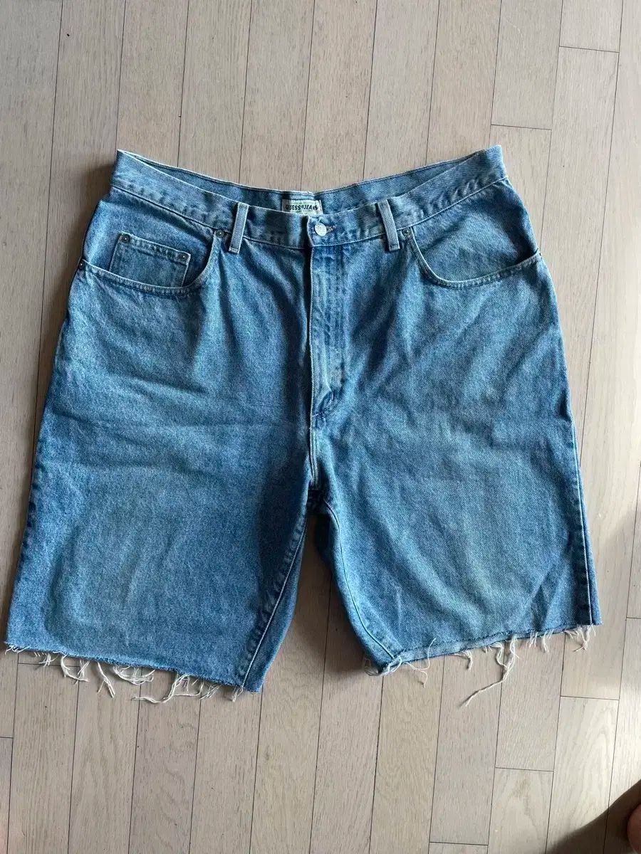 90s GUESS デニムダメージフリンジショーツ