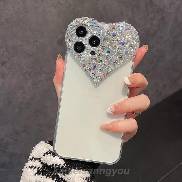 ハンドメイド ゴージャス iPhoneケース キラキラ iPhone15ケース スマホケース おしゃれ 彼女 プレゼント ハート クリア 透明 ラインストーン ビジュー アイフォ