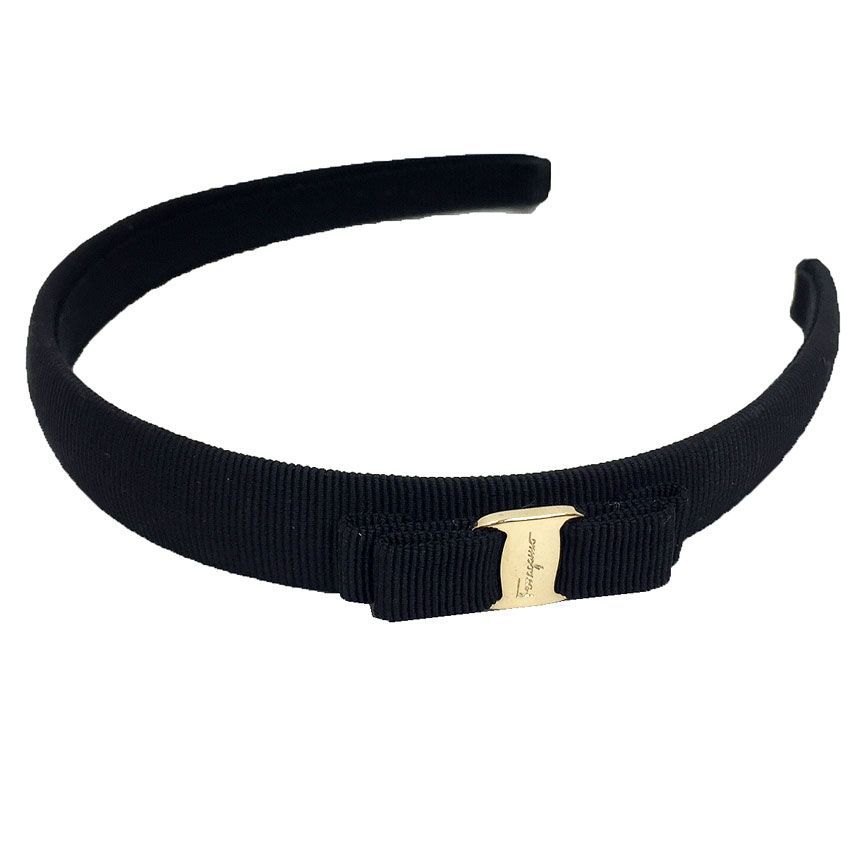 Salvatore Ferragamo 黒 リボンヘアバンド カチューシャ 美品 Ferragamoフェラガモ ヴァラ リボン カチューシャ ブラックaq9837