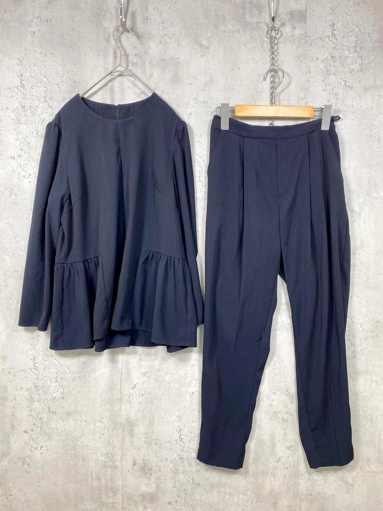 Flolia フロリア ペプラムギャザーブラウス|テーパードパンツ セット セットアップ sizeS|紺 ◎レディース