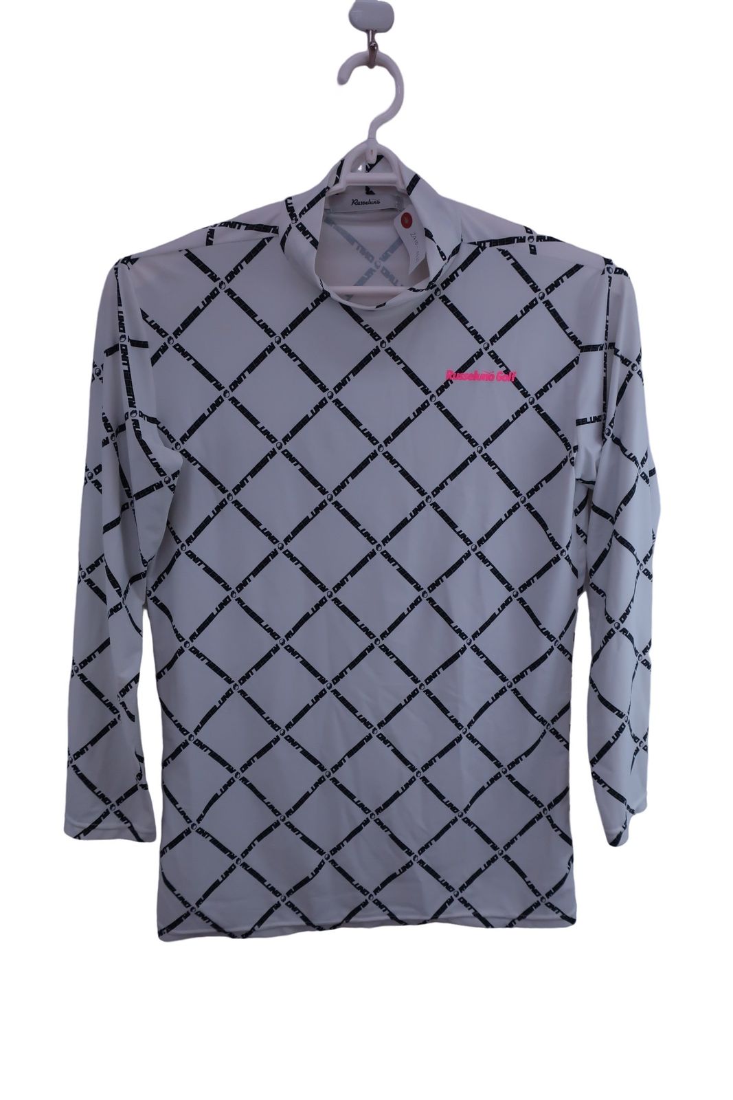 【美品】RUSSELUNO(ラッセルノ) 長袖ハイネックシャツ 白黒ロゴ柄 メンズ 7 RG-2110401 ゴルフ用品 2410-0669 中古