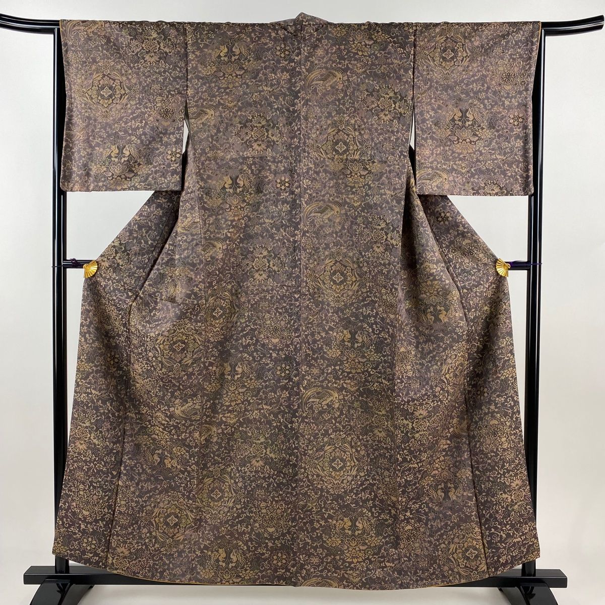 小紋 身丈157.5cm 裄丈64.5cm M 袷 前田仁仙 落款 向かい鳥 草花 灰紫 正絹 名品