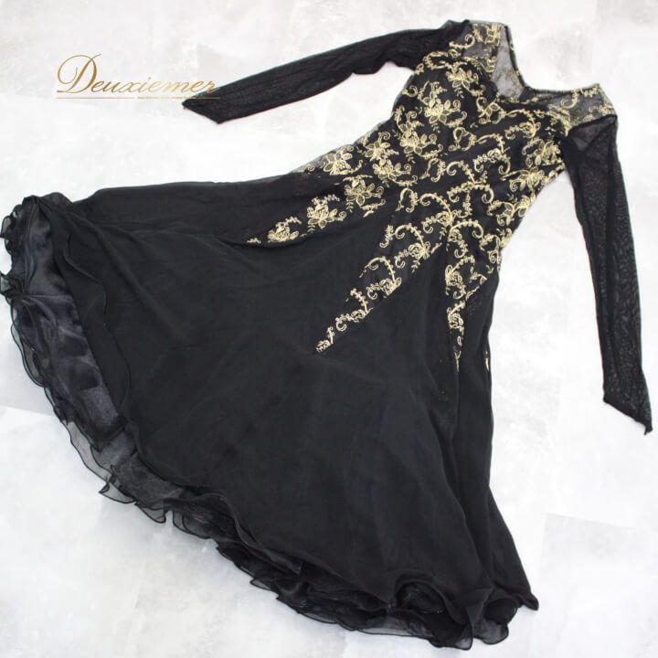 社交ダンス ゴールドブラック ゴージャス ラテン ドレス M 羽 フェザー