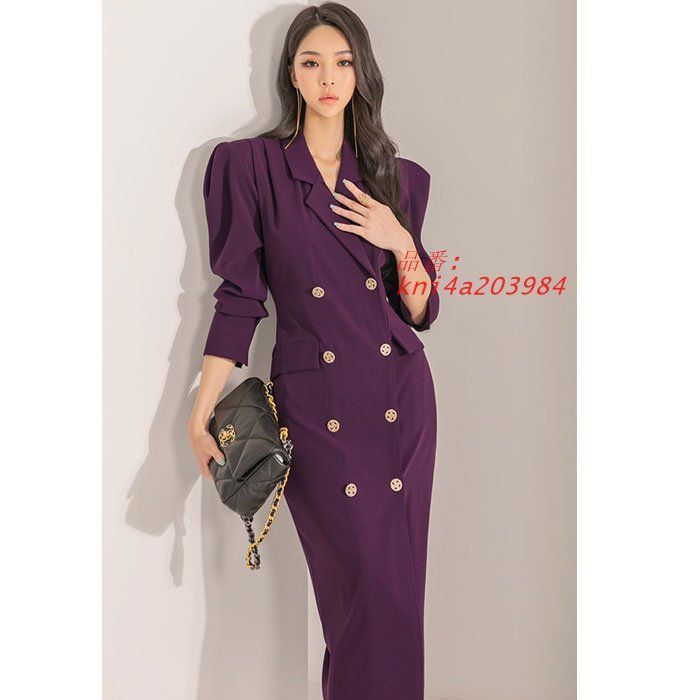 襟付きトレンチコート風 2連前ボタンミモレ丈長袖ワンピース